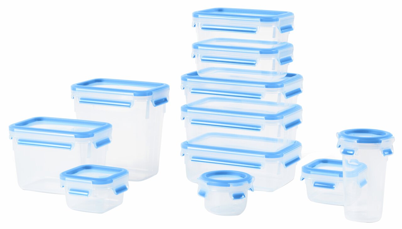 Emsa Frischhaltedosen 11-tlg. CLIP & CLOSE Frontalansicht eines 11-teiligen Frischhaltedosen-Sets mit blauen Deckeln in verschiedenen Größen.