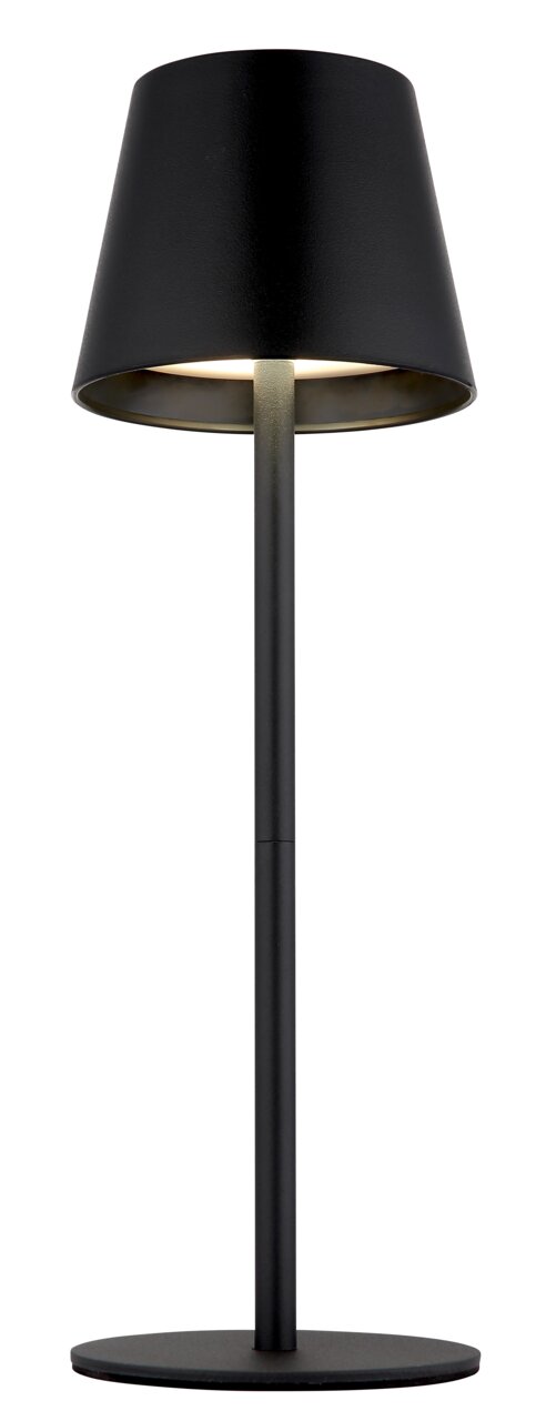 Schwarze Akku-Tischleuchte VANNIE 3 in 1 von Globo Lighting, frontal abgebildet mit modernem, schlankem Design.