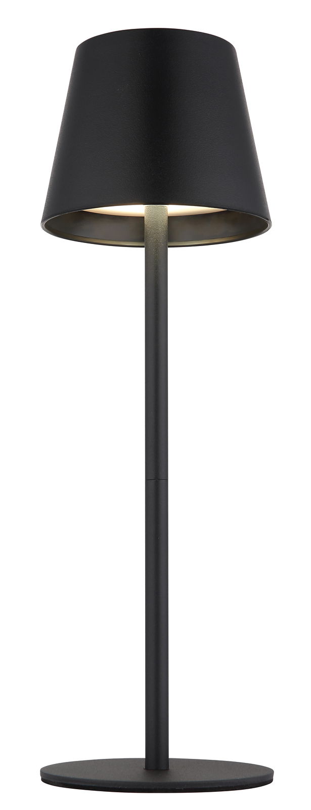 Schwarze Akku-Tischleuchte VANNIE 3 in 1 von Globo Lighting, frontal abgebildet mit modernem, schlankem Design.