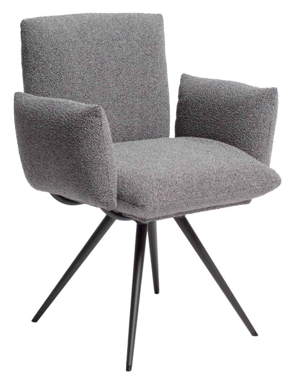 Grauer Armlehnstuhl mit vier schwarzen Metallbeinen, seitliche Perspektive