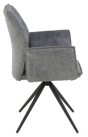 Seitenansicht eines grauen Armlehnstuhls mit schwarzem Metallgestell.