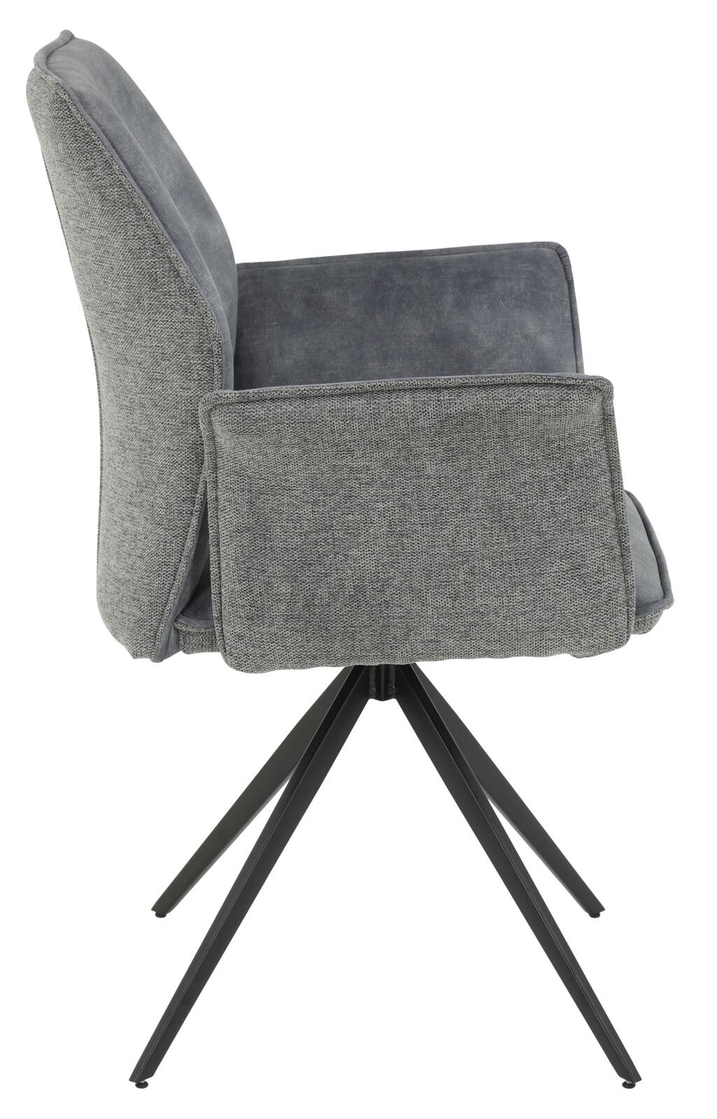 Seitenansicht eines grauen Armlehnstuhls mit schwarzem Metallgestell.