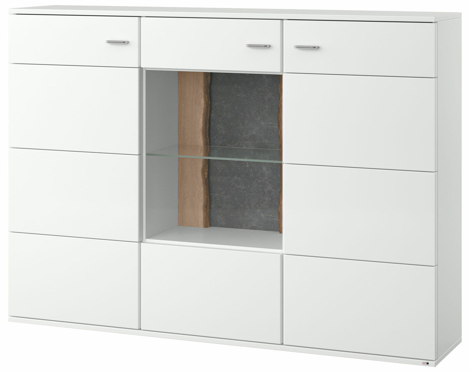 Weißes Highboard mit zwei Schubladen und offenen Regalfächern, Frontansicht