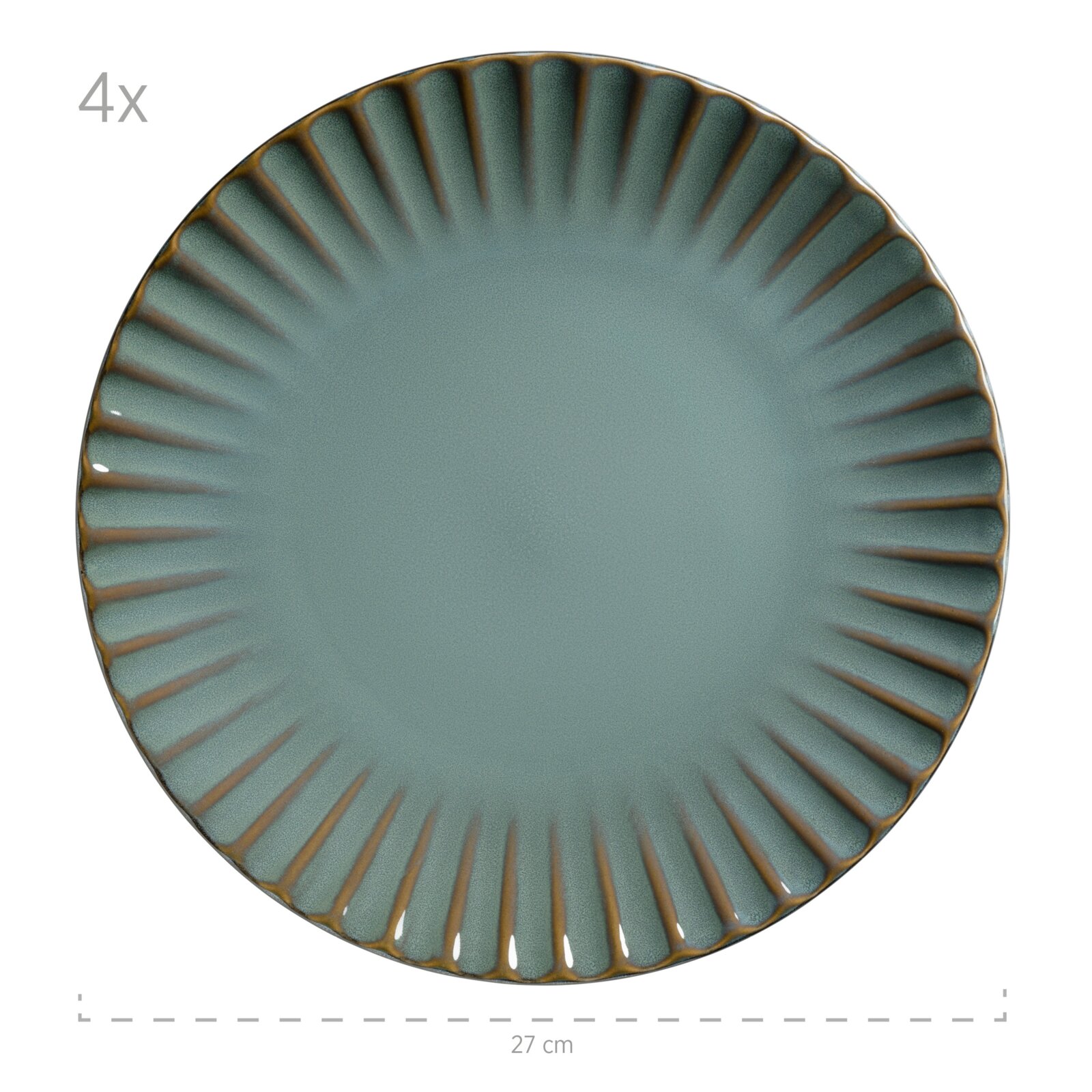 Runder Keramik-Essteller in blaugrüner Glasur mit braunem Rand und radialer Rillenstruktur, ca. 27 cm Durchmesser, Draufsicht von oben