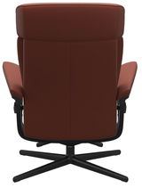 Rückansicht eines braunen Einzelsessels mit schwarzem Drehfuß