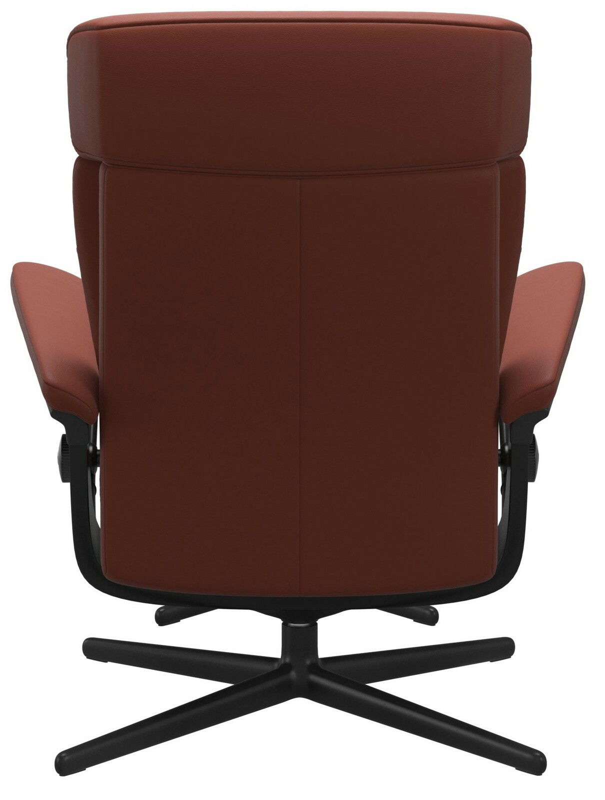 Rückansicht eines braunen Einzelsessels mit schwarzem Drehfuß