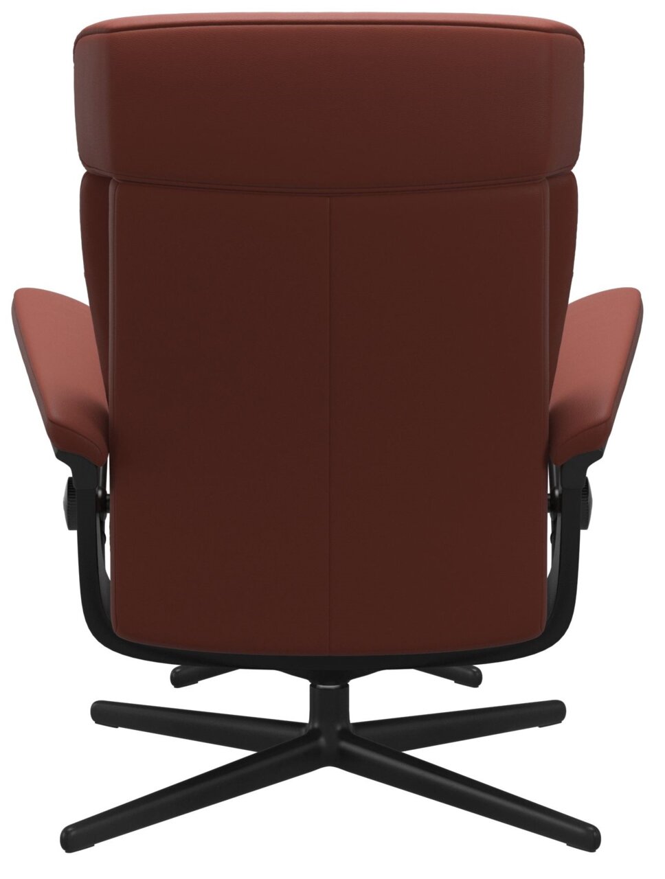 Achterkant van een bruine fauteuil met een zwart draaivoet