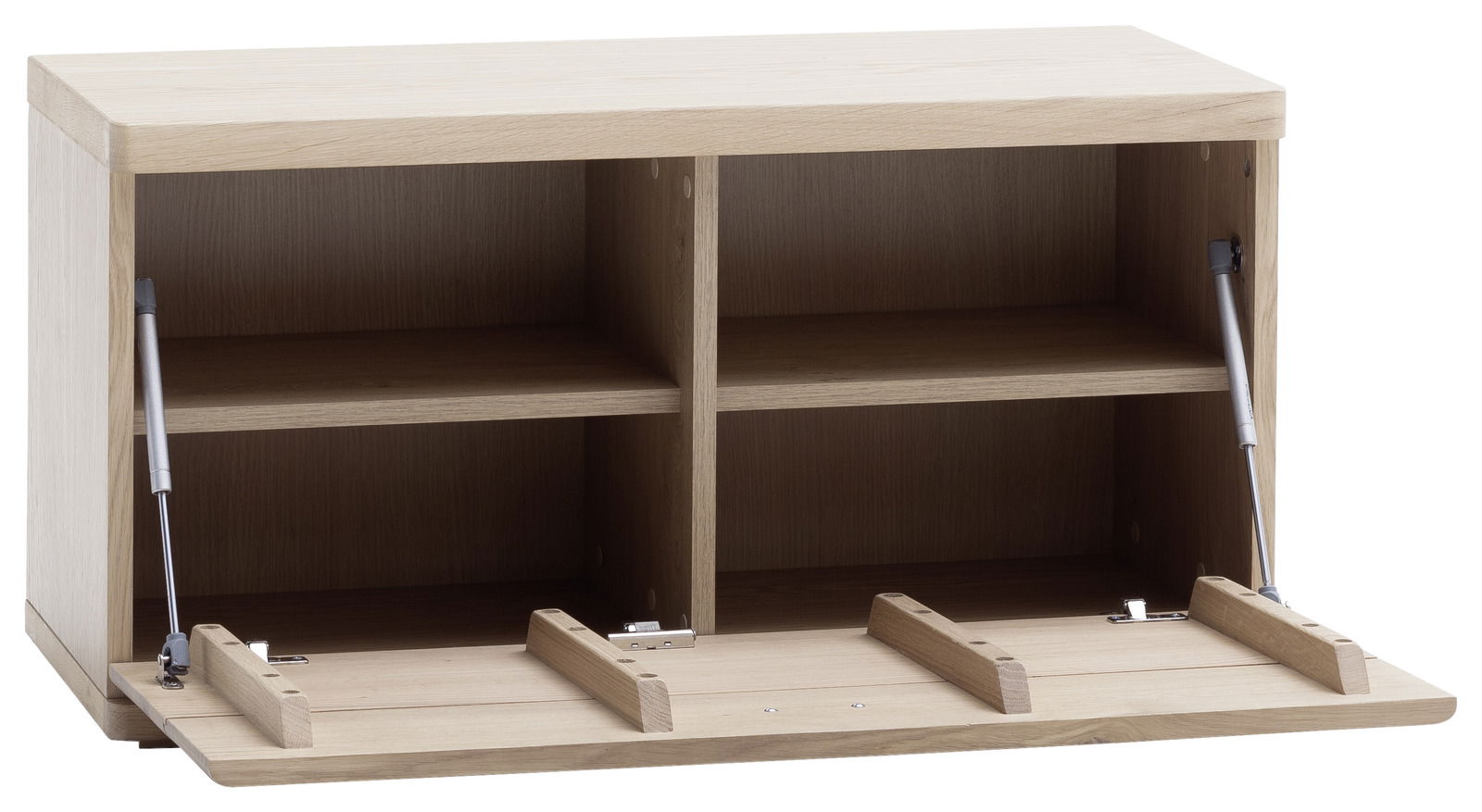 Garderobenbank aus hellem Holz mit zwei offenen Fächern und heruntergeklappten Türen, frontale Perspektive.