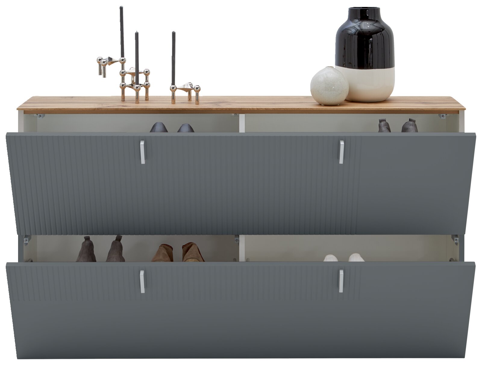 Moderne hangende schoenenkast met twee open kleppen, grijze fronten, houten oppervlak met decoraties, vooraanzicht.