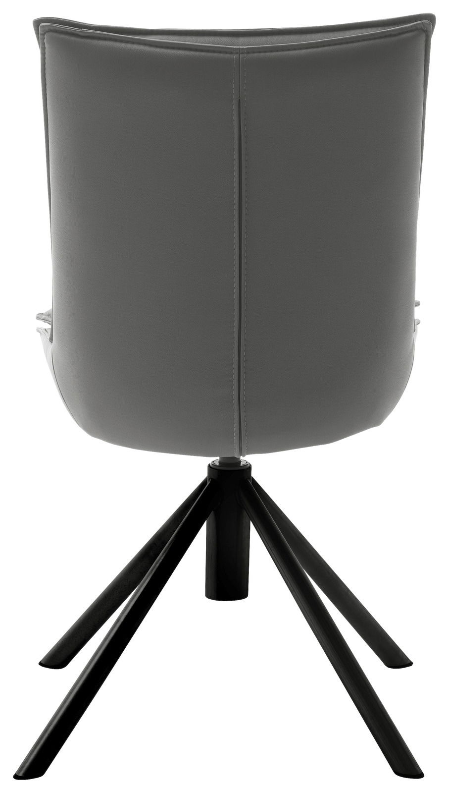 Rückansicht eines modernen Stuhls mit schwarzem Metallgestell und grauer Polsterung