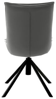 Rückansicht eines modernen Stuhls mit schwarzem Metallgestell und grauer Polsterung