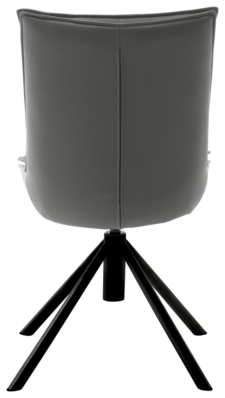 Rückansicht eines modernen Stuhls mit schwarzem Metallgestell und grauer Polsterung