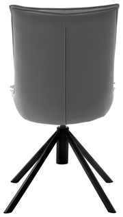 Rückansicht eines modernen Stuhls mit schwarzem Metallgestell und grauer Polsterung