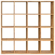 Frontale Ansicht eines 4x4 Livetastic Regal CUBE aus Holz mit 16 offenen Fächern.