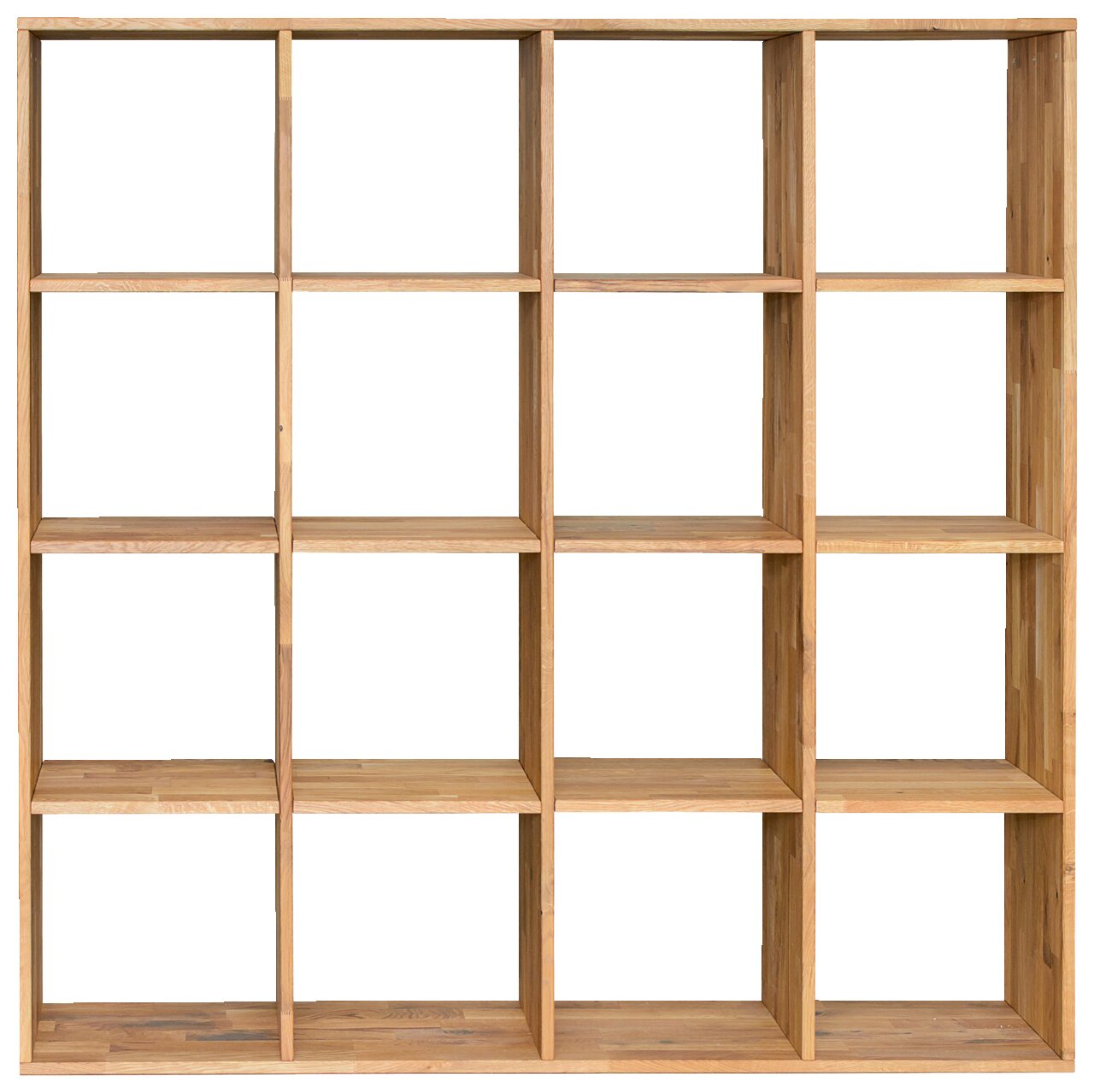 Frontale Ansicht eines 4x4 Livetastic Regal CUBE aus Holz mit 16 offenen Fächern.