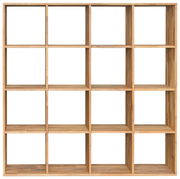 Frontale Ansicht eines 4x4 Livetastic Regal CUBE aus Holz mit 16 offenen Fächern.