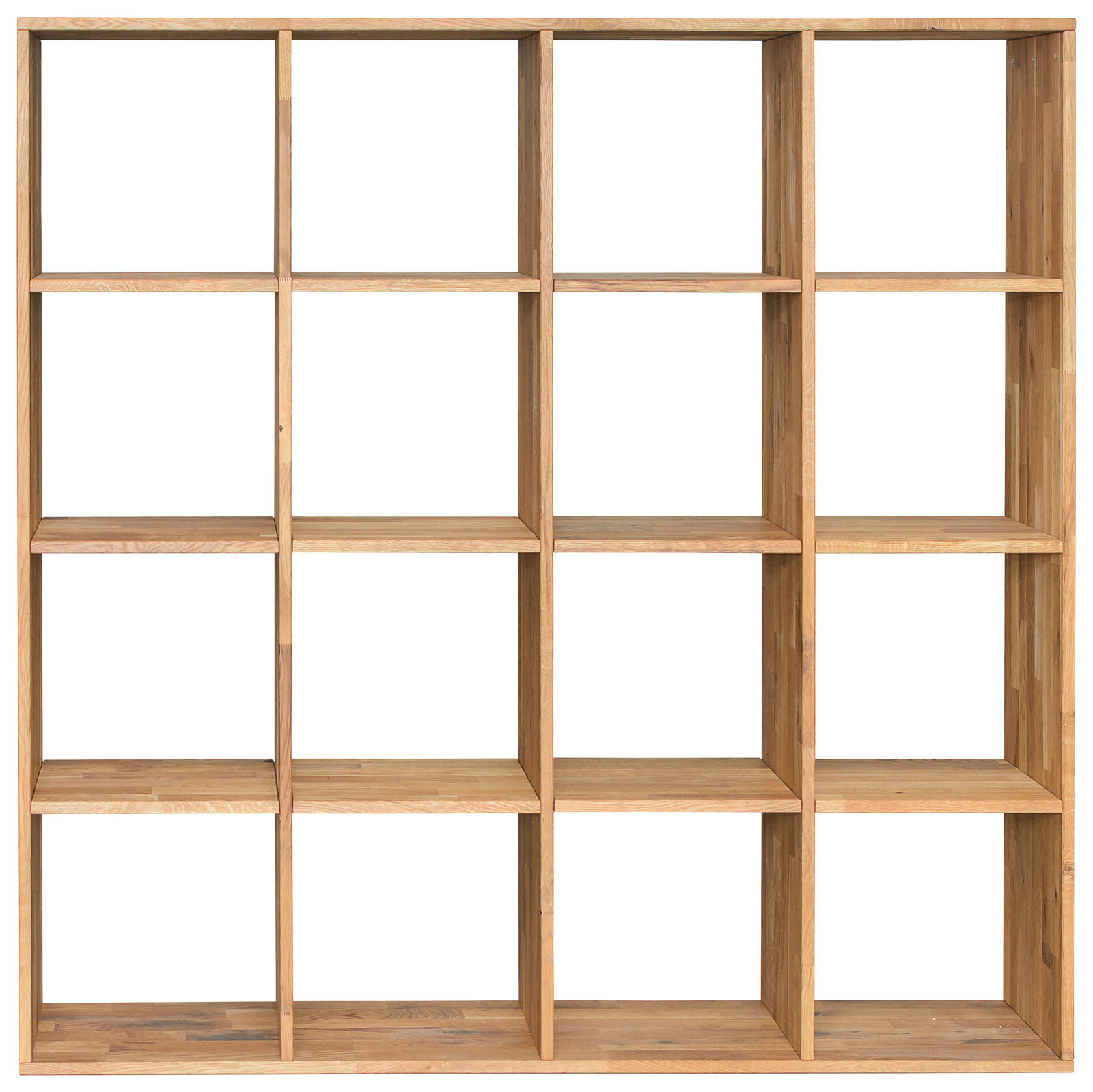 Frontale Ansicht eines 4x4 Livetastic Regal CUBE aus Holz mit 16 offenen Fächern.