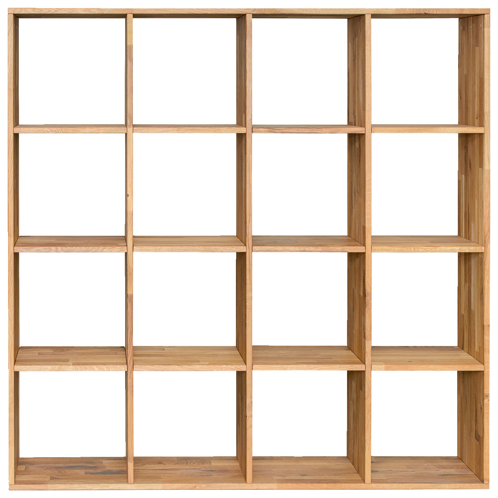 Frontale Ansicht eines 4x4 Livetastic Regal CUBE aus Holz mit 16 offenen Fächern.