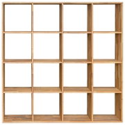Frontale Ansicht eines 4x4 Livetastic Regal CUBE aus Holz mit 16 offenen Fächern.