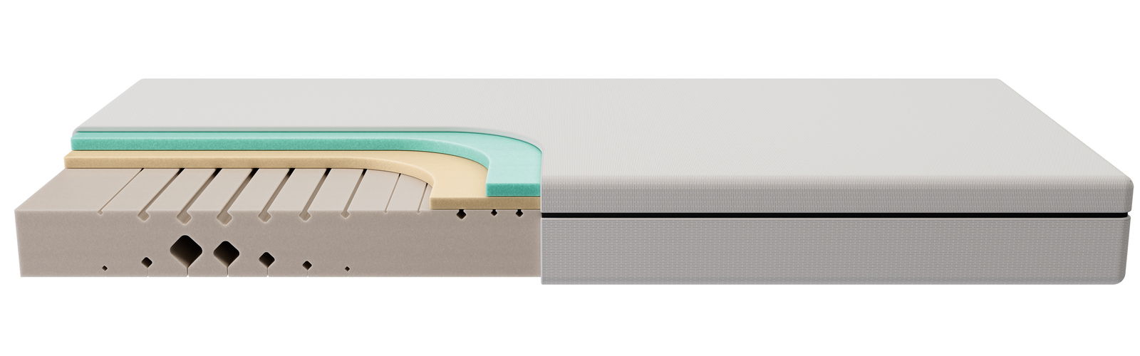 Querschnitt einer Komfortschaummatratze mit verschiedenen Schaumschichten in Seitenansicht