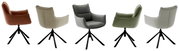 Fünf moderne Sessel in verschiedenen Farben, von links nach rechts: braun, beige, grau, grün und hellgrau, mit schwarzem Metallgestell, seitliche Perspektive.