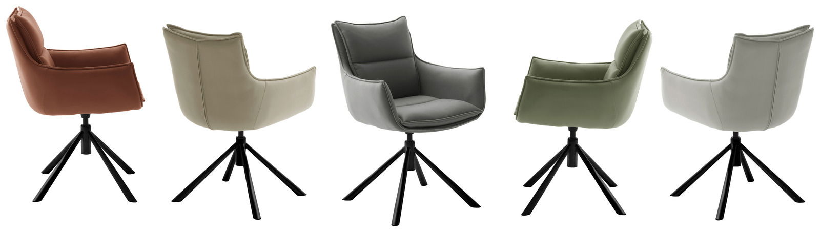 Fünf moderne Sessel in verschiedenen Farben, von links nach rechts: braun, beige, grau, grün und hellgrau, mit schwarzem Metallgestell, seitliche Perspektive.