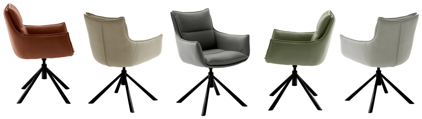 Fünf moderne Sessel in verschiedenen Farben, von links nach rechts: braun, beige, grau, grün und hellgrau, mit schwarzem Metallgestell, seitliche Perspektive.