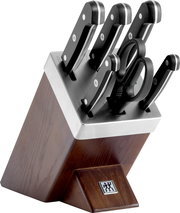 Messerblock Gourmet 7-tlg. aus Holz mit Edelstahlakzenten, bestückt mit fünf Messern und einer Schere, seitliche Perspektive