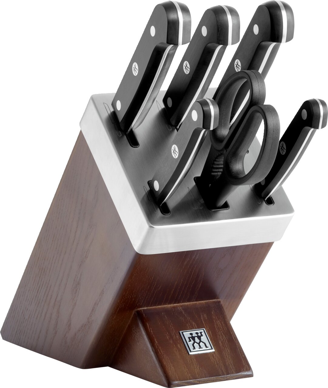 Messerblock Gourmet 7-tlg. aus Holz mit Edelstahlakzenten, bestückt mit fünf Messern und einer Schere, seitliche Perspektive