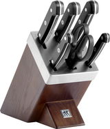 Messerblock Gourmet 7-tlg. aus Holz mit Edelstahlakzenten, bestückt mit fünf Messern und einer Schere, seitliche Perspektive
