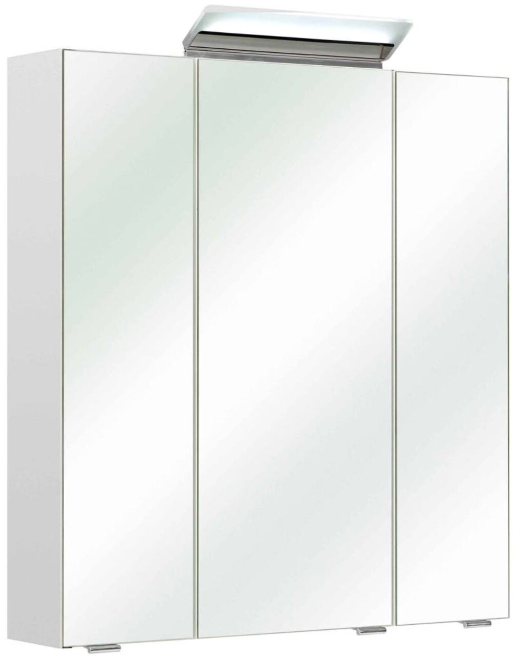 Moderner Spiegelschrank mit drei Türen und integrierter Beleuchtung, seitliche Perspektive