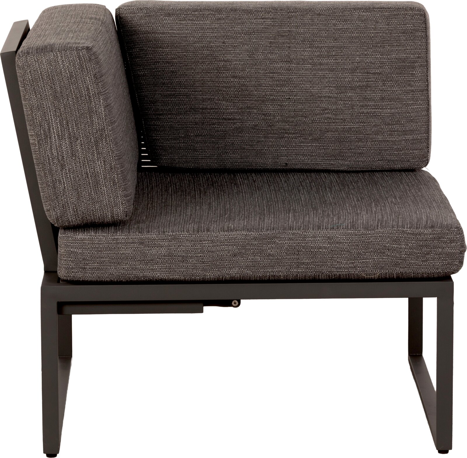 Graues Lounge-Sessel-Modul mit linker Armlehne, gepolsterten Sitz- und Rückenkissen und schwarzem Metallgestell, freigestellt auf weißem Hintergrund, Frontansicht leicht von links