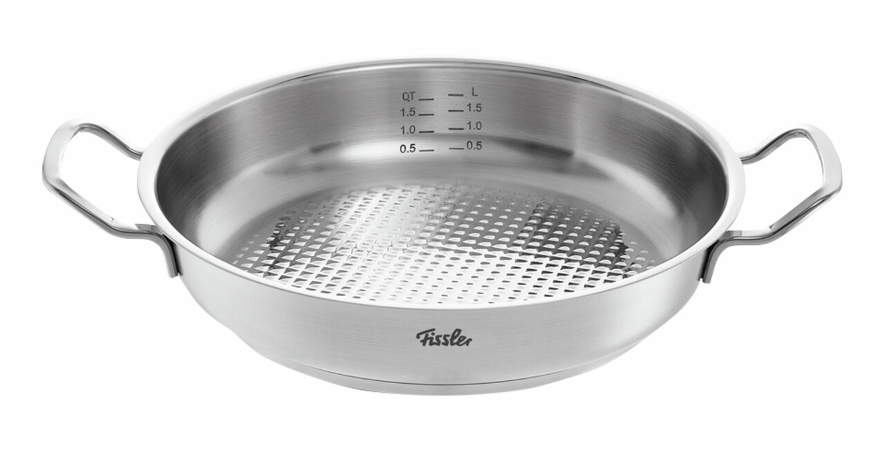 Fissler Servierpfanne 28cm ORIGINAL-PROFI COLLECTION 2 Edelstahl-Servierpfanne mit zwei Griffen, Innenmaßskala und geriffeltem Boden, seitliche Perspektive