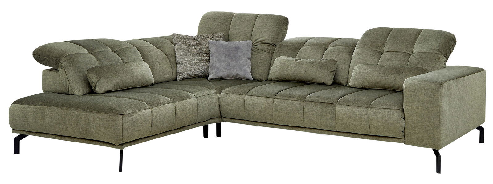 Grüne Eckgarnitur mit mehreren Kissen, aus einer leicht erhöhten Perspektive fotografiert.