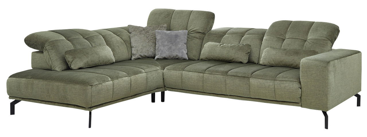 Grüne Eckgarnitur mit mehreren Kissen, aus einer leicht erhöhten Perspektive fotografiert.