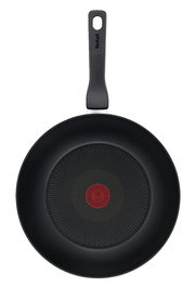 Wokpfanne Titanium 28 cm von oben mit schwarzem Griff und rotem Thermo-Spot in der Mitte