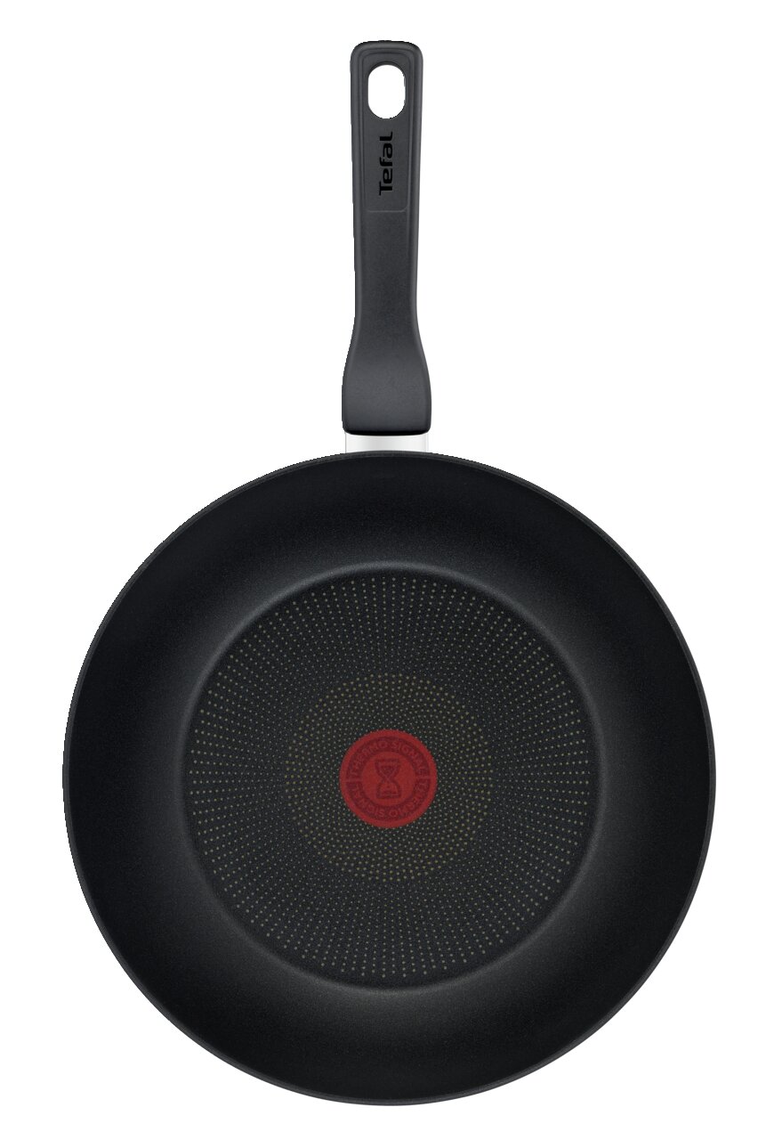 Wokpfanne Titanium 28 cm von oben mit schwarzem Griff und rotem Thermo-Spot in der Mitte