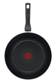 Wokpfanne Titanium 28 cm von oben mit schwarzem Griff und rotem Thermo-Spot in der Mitte