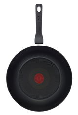 Wokpfanne Titanium 28 cm von oben mit schwarzem Griff und rotem Thermo-Spot in der Mitte