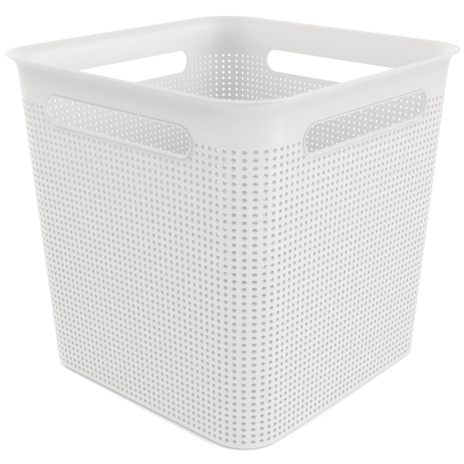 Weiße, quadratische Aufbewahrungsbox mit 18 Litern Volumen, perforiertem Design und seitlichen Griffen, aus schräger Perspektive fotografiert.