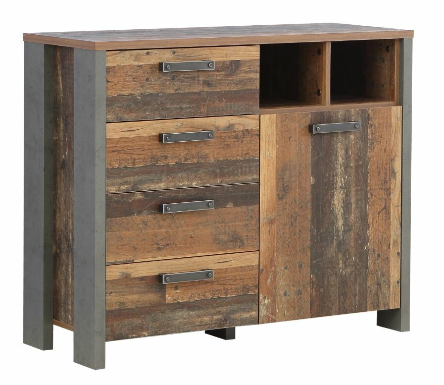 Kommode aus Holz mit vier Schubladen und einem Schrankfach, rustikales Design, Frontansicht