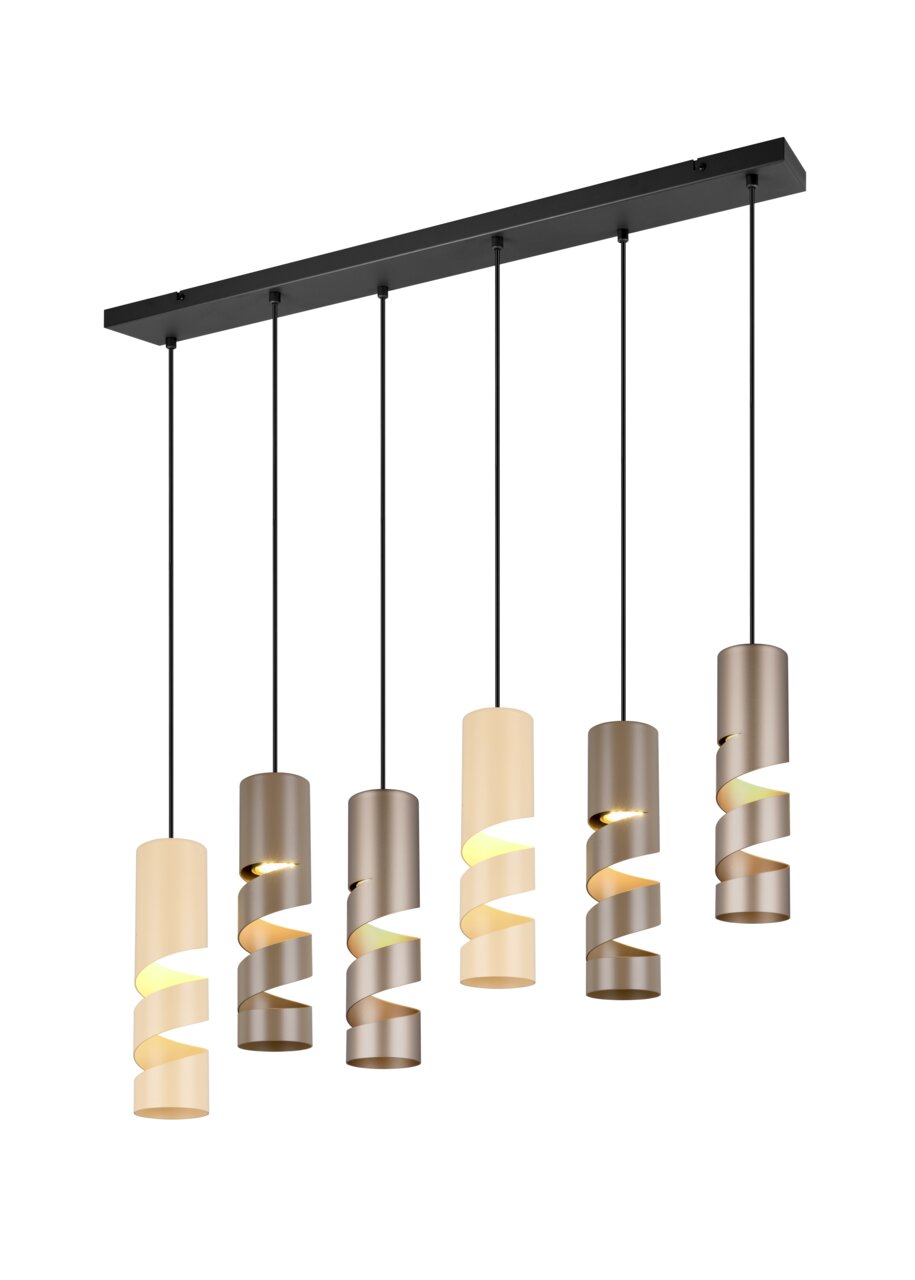 Trio Leuchten Pendelleuchte STREAM Moderne Pendelleuchte Stream mit sechs spiralförmigen Lampenschirmen in verschiedenen Farben, seitliche Perspektive.