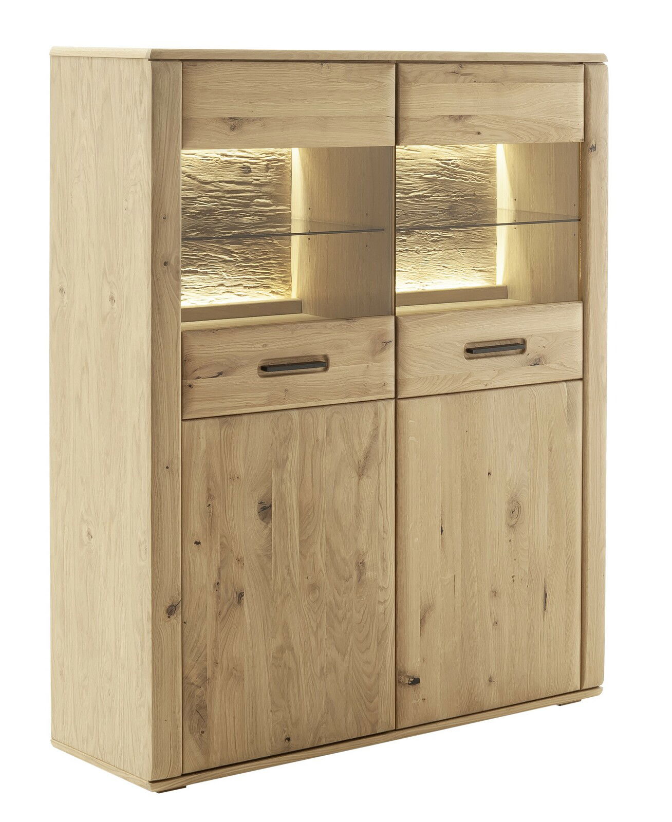 Zurbrüggen Highboard ALENTO Hochwertige Vitrine aus Holz mit Glaseinsätzen und Beleuchtung, seitliche Perspektive