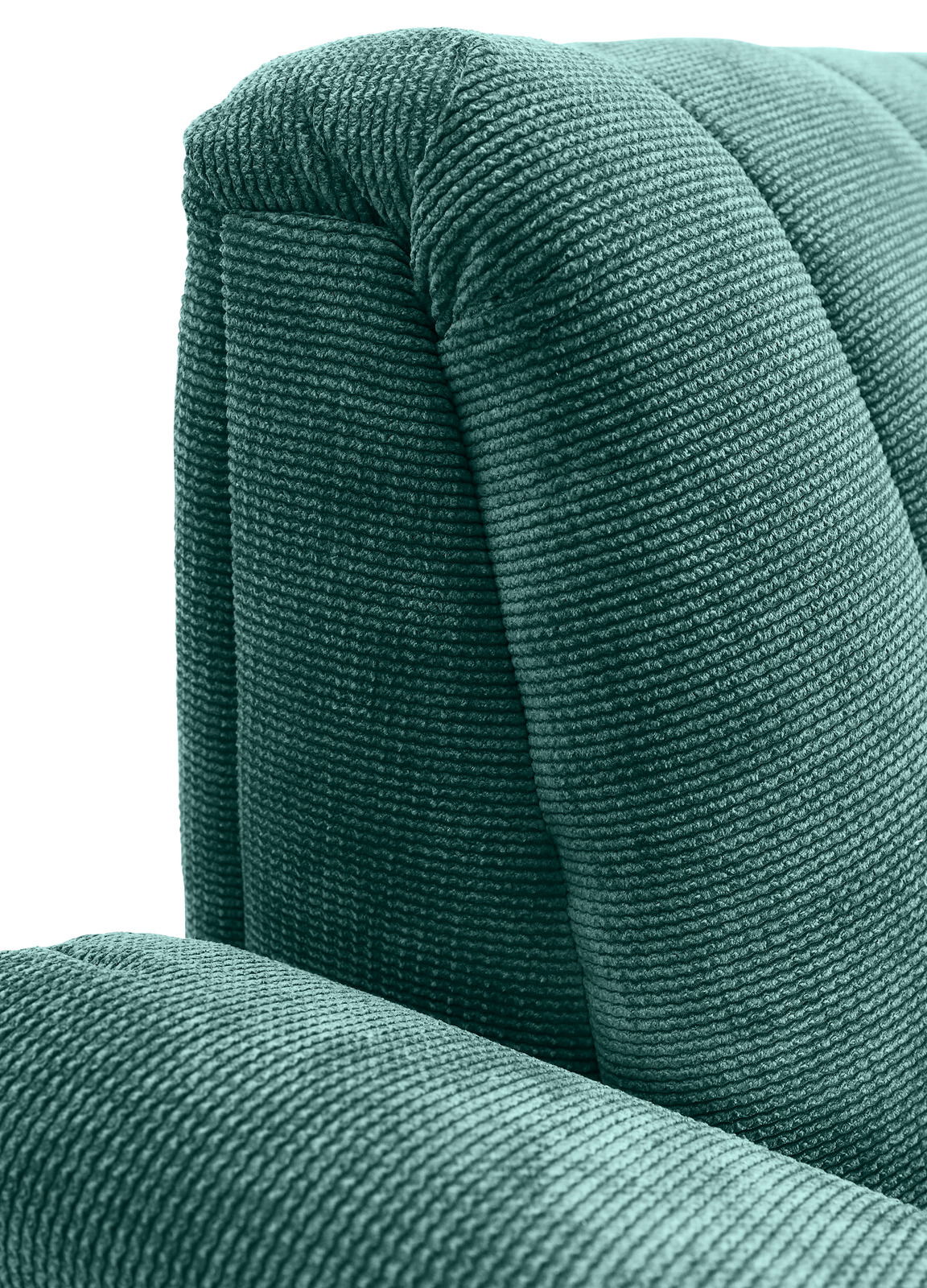 Nahaufnahme einer grünen, strukturierten Polsterung eines Sofas, perspektivisch von der Seite aufgenommen.