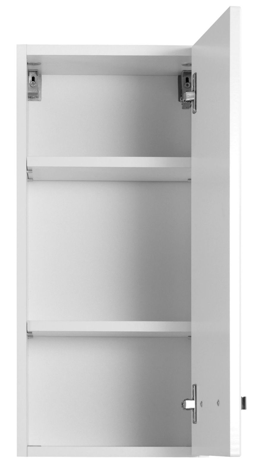 XORA Hängeschrank BOLOGNA Weißer Hängeschrank mit geöffneter Tür, zwei Einlegeböden und sichtbaren Scharnieren, Frontalansicht.