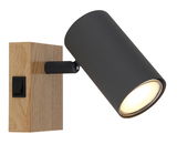 Strahler aus Metall in Graphitfarbe mit Holzsockel, seitliche Perspektive