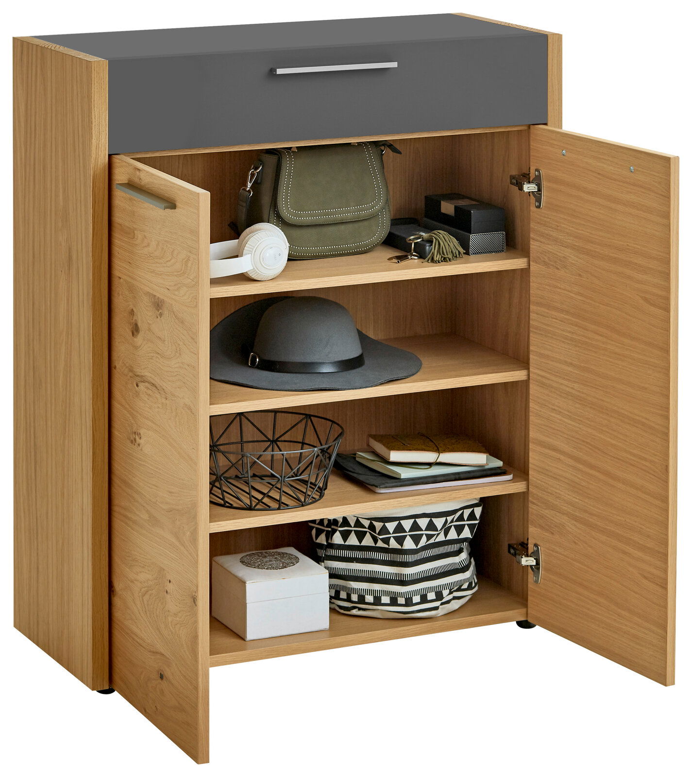 VOSS Kommode LEVIO Kommode aus Holz mit grauer Schublade, offene Türen, zeigt Regale mit Accessoires, Frontalansicht