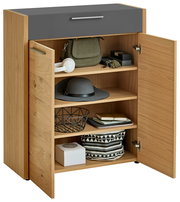 Kommode aus Holz mit grauer Schublade, offene Türen, zeigt Regale mit Accessoires, Frontalansicht