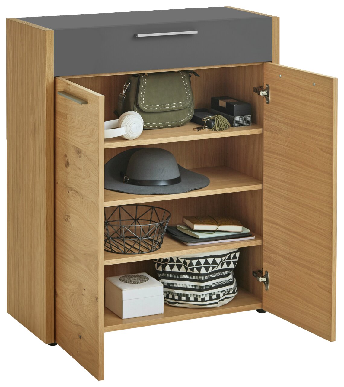 VOSS Kommode LEVIO Kommode aus Holz mit grauer Schublade, offene Türen, zeigt Regale mit Accessoires, Frontalansicht