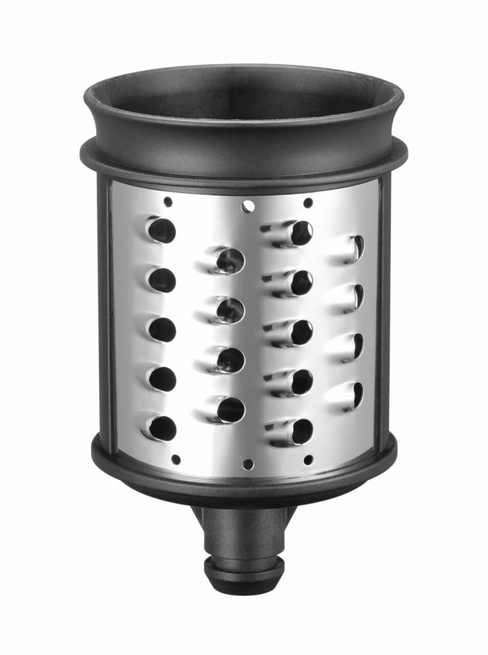 Nahaufnahme eines zylindrischen Gemüseschneider-Einsatzes aus Metall mit seitlichen Schlitzen, frontal betrachtet.